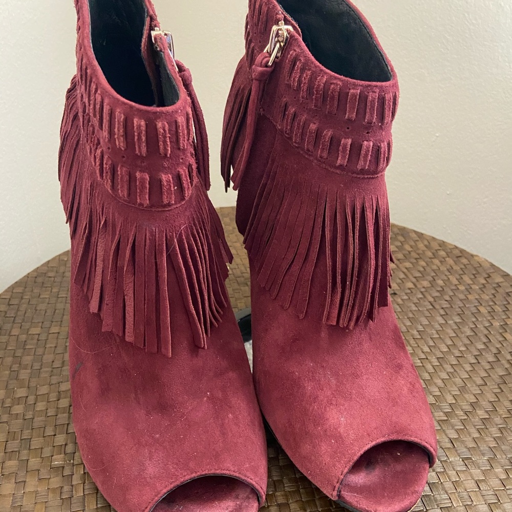 Rebecca Minkoff Rio Fringe open toe booties